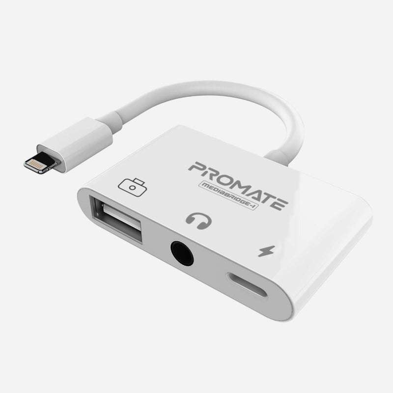 Promate 3-in-1 Hub for Lightning to 3.5mm Jack USB 3.0 Lightning Port