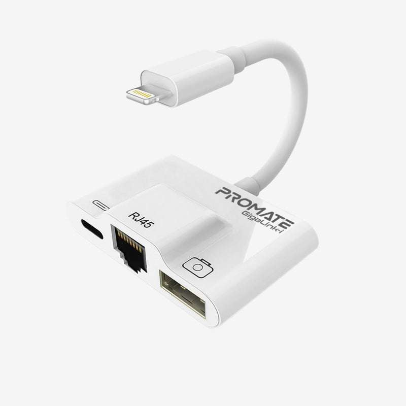 Promate Apple Lightning Hub 100Mbps Ethernet USB Port Charging Input