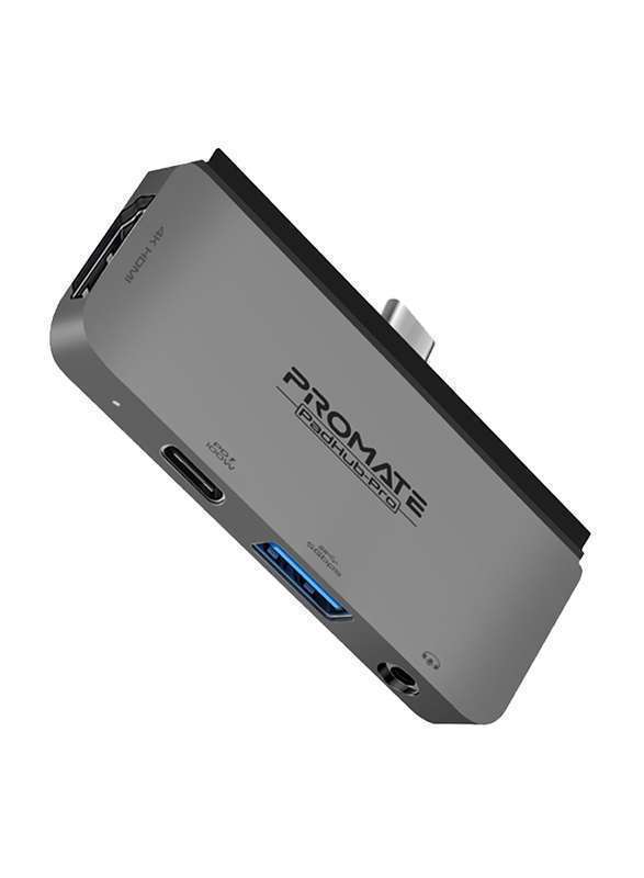 Promate USB-C Media Hub 100W 4K HDMI USB AUX Port Grey