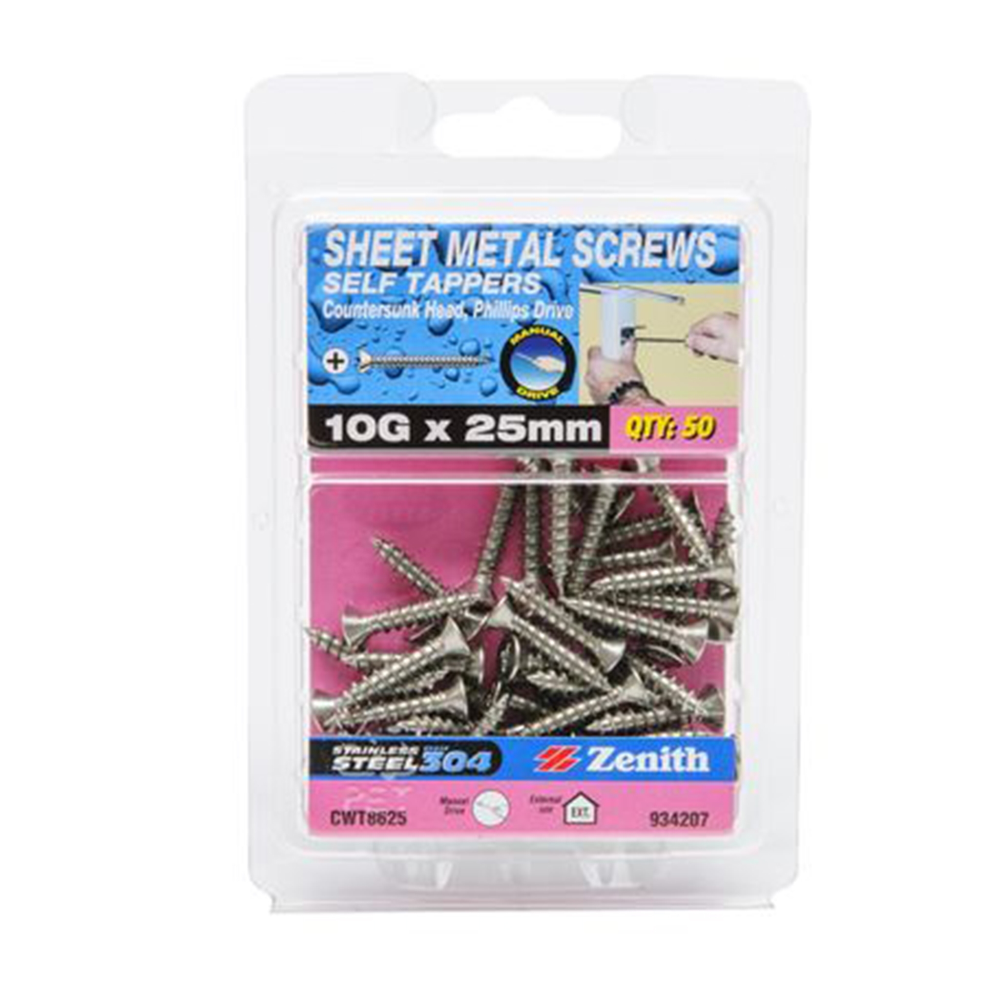 Zenith Stainess Steel Self Tapping Phillips Countersunk Screw 10G x 25mm (50pk)