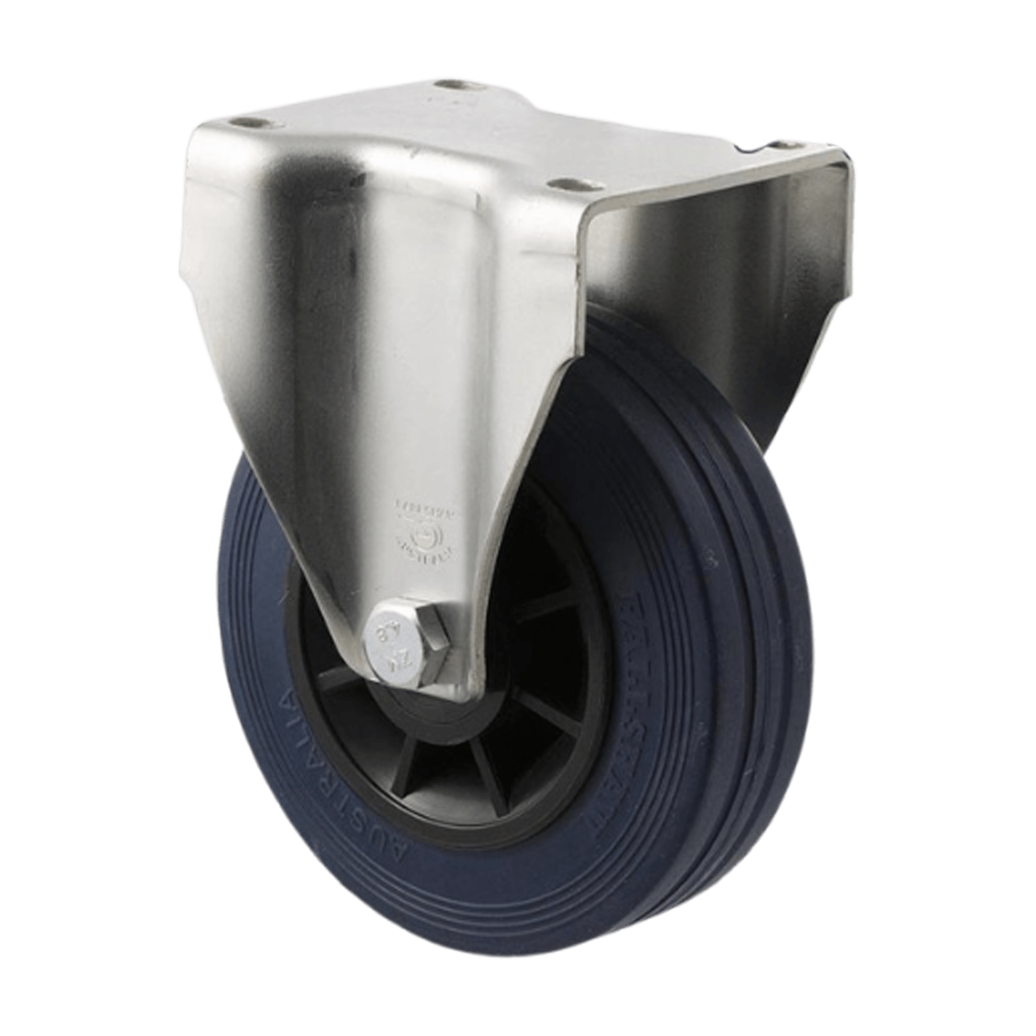 Fallshaw J Series Castor Blue Rubber Roller Bearing Fixed Plate w/Brake 125mm 180kg