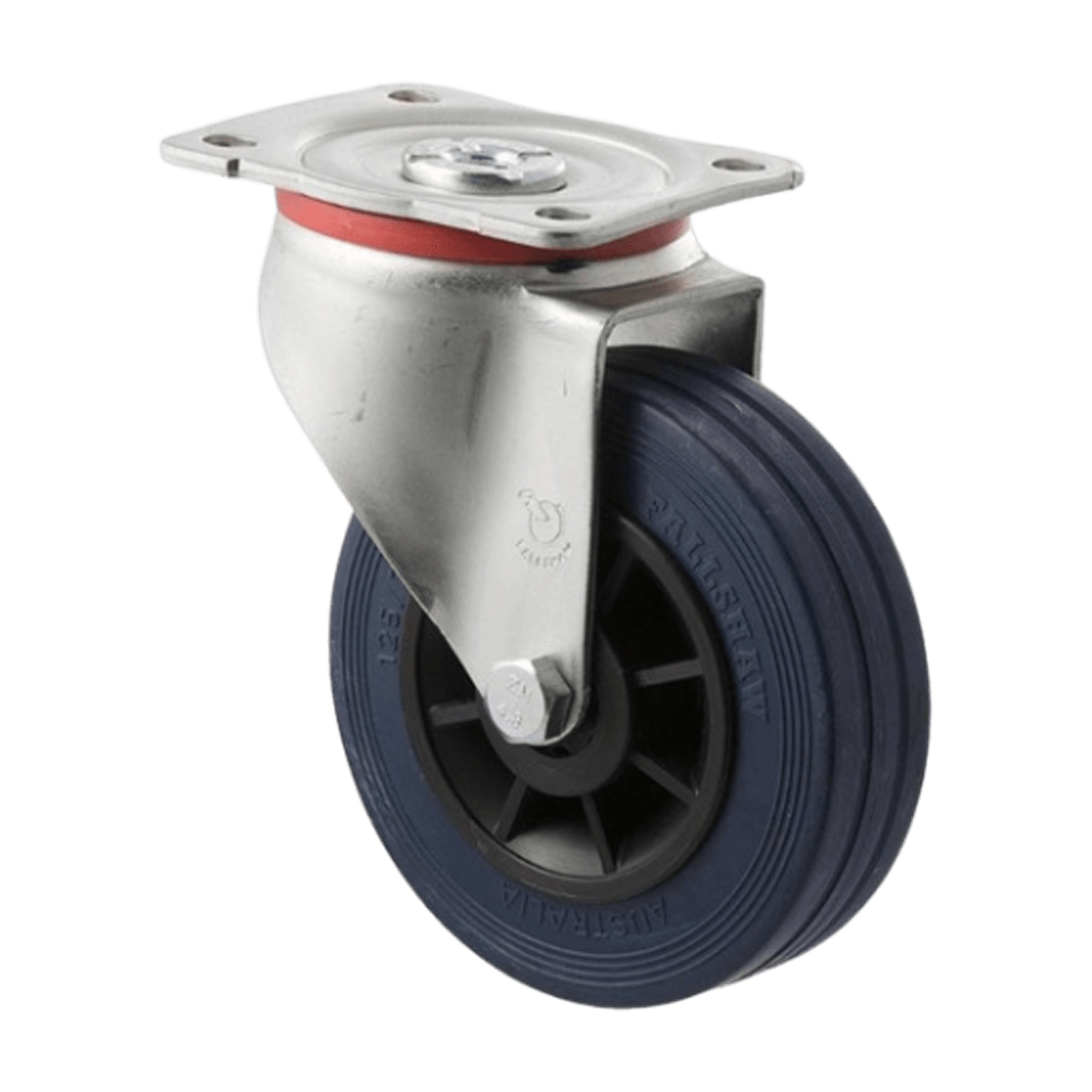 Fallshaw J Series Castor Blue Rubber Roller Bearing Swivel PL 125mm 180kg