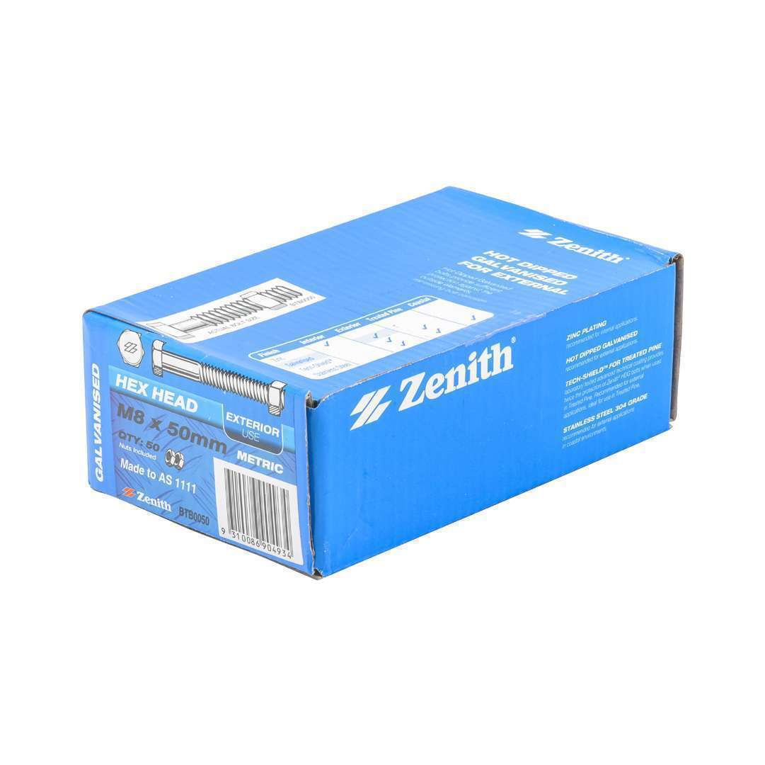 Bolt & Nut Galv Hex M8 x 50